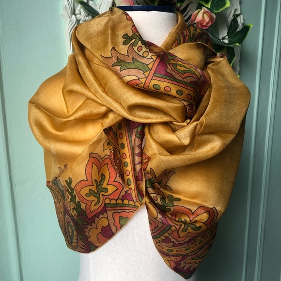 Rusted Caramel  Silk mustard Floral scarf - Picture 3 of 7